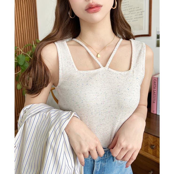 前後2WAYスクエアホルタータンクトップ T Cカットテレコリブ＆カラーネップテ… | moment+ | 詳細画像3 