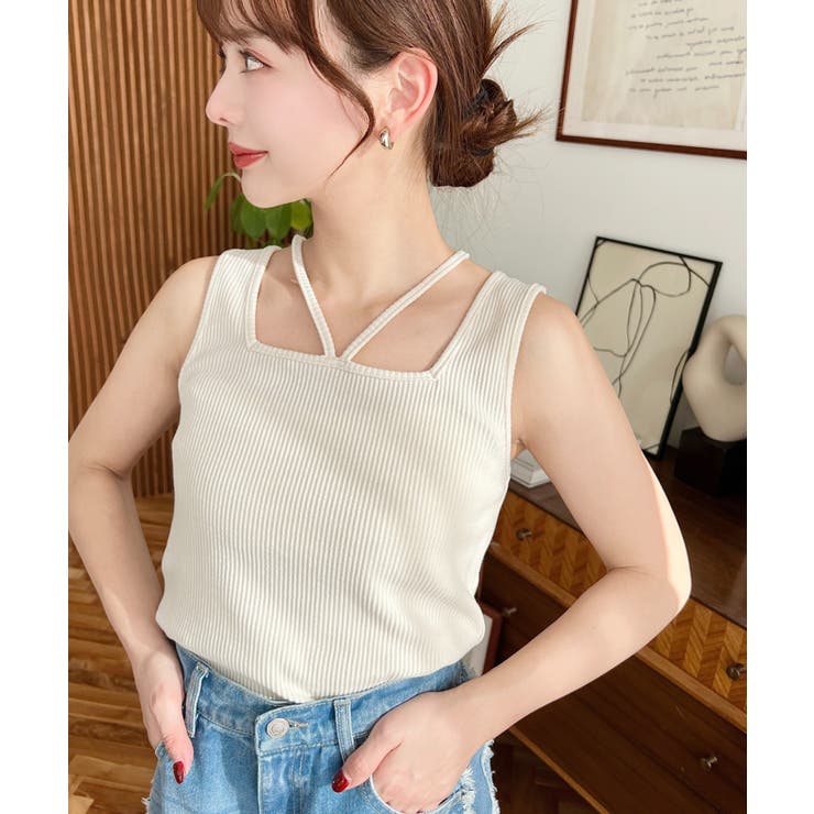 ナチュラル | 前後2WAYスクエアホルタータンクトップ T Cカットテレコリブ＆カラーネップテ… | moment+