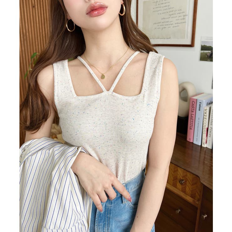 アイボリー | 前後2WAYスクエアホルタータンクトップ T Cカットテレコリブ＆カラーネップテ… | moment+