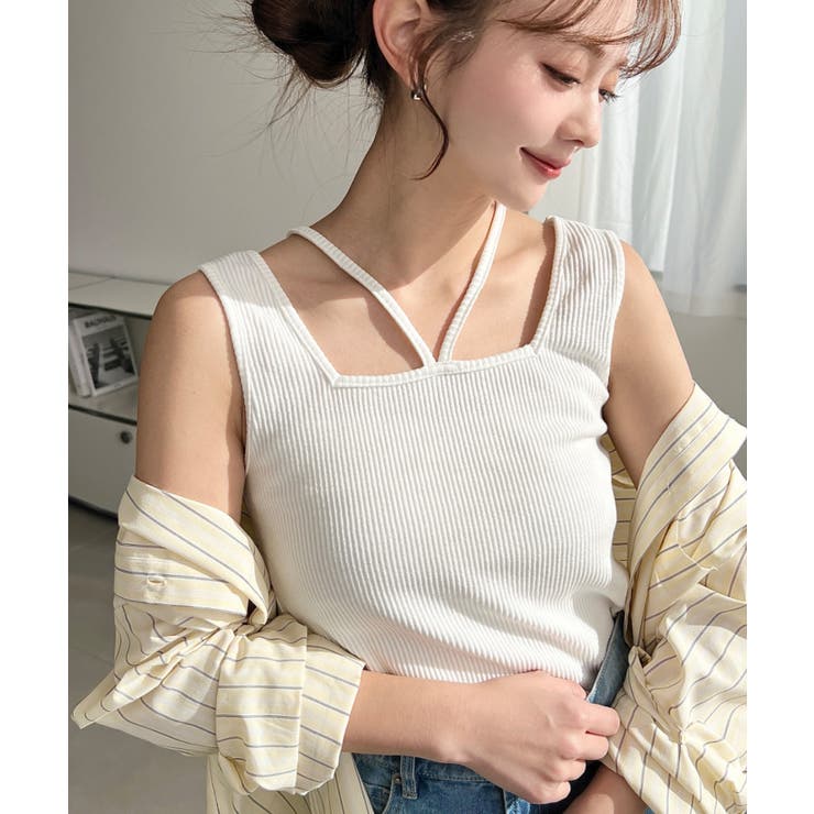 オフホワイト | 前後2WAYスクエアホルタータンクトップ T Cカットテレコリブ＆カラーネップテ… | moment+