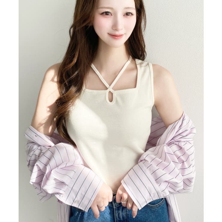 ナチュラル | クロスホルターネックタンクトップ 綿100％フライス. | moment+