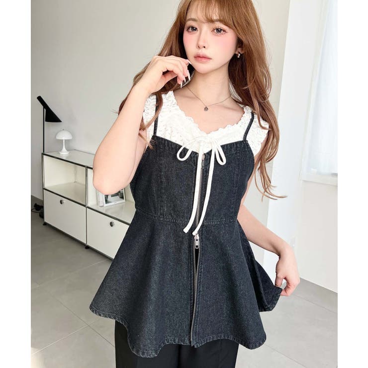 ブラック | ライトオンスデニムダブルジップペプラムキャミ | moment+