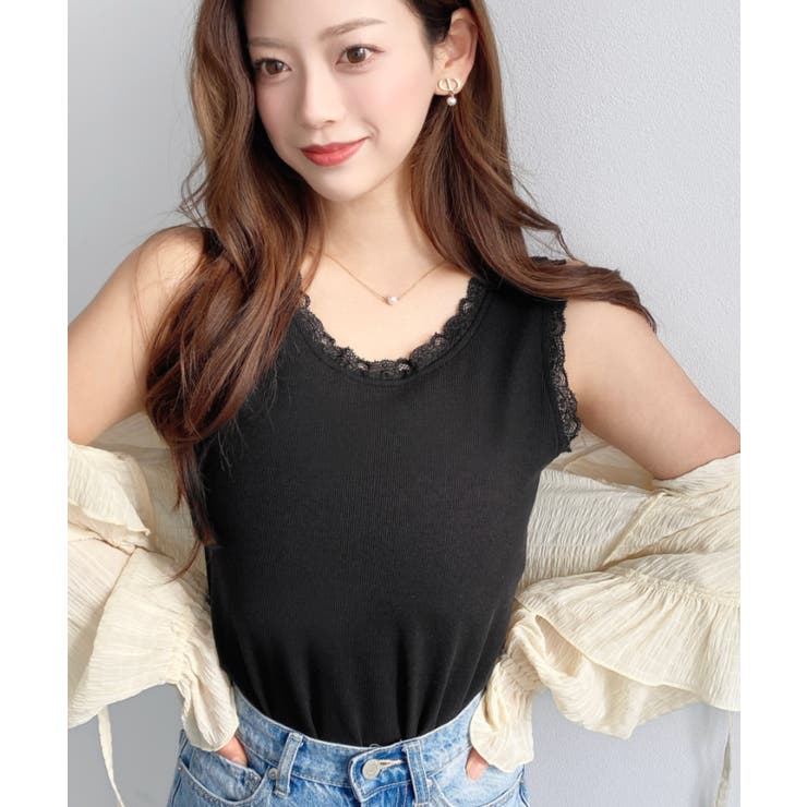 ブラック | ドットプリント＆無地テレコリブレースタンクトップ | moment+