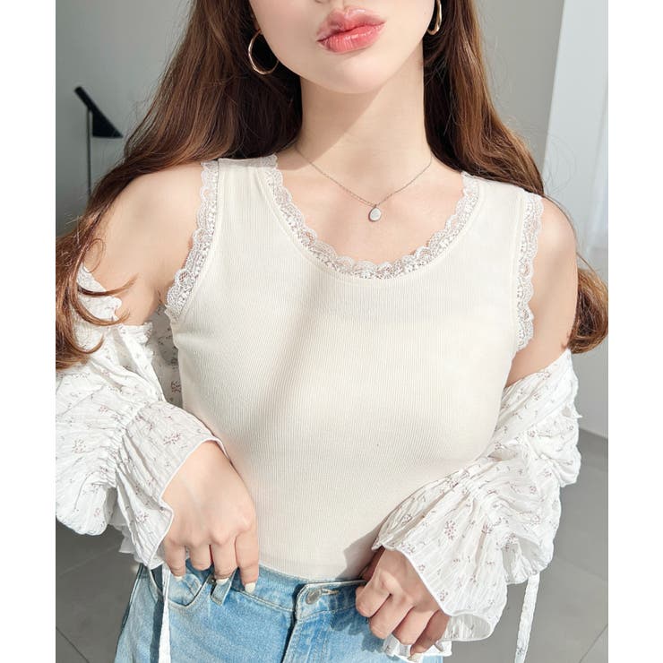 アイボリー | ドットプリント＆無地テレコリブレースタンクトップ | moment+