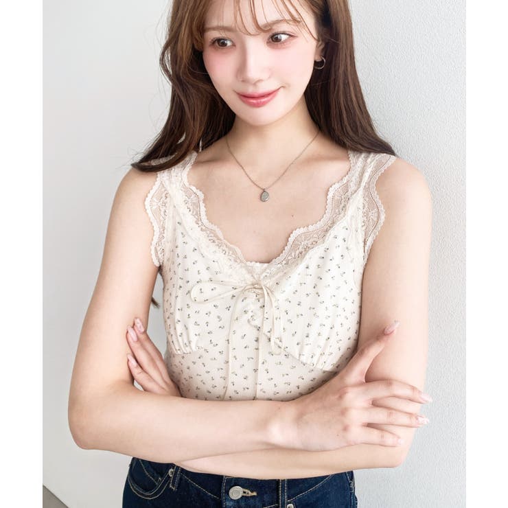 花柄プリントテレコリブフロントシャーリングリボンレースタンクトップ | moment+ | 詳細画像28 