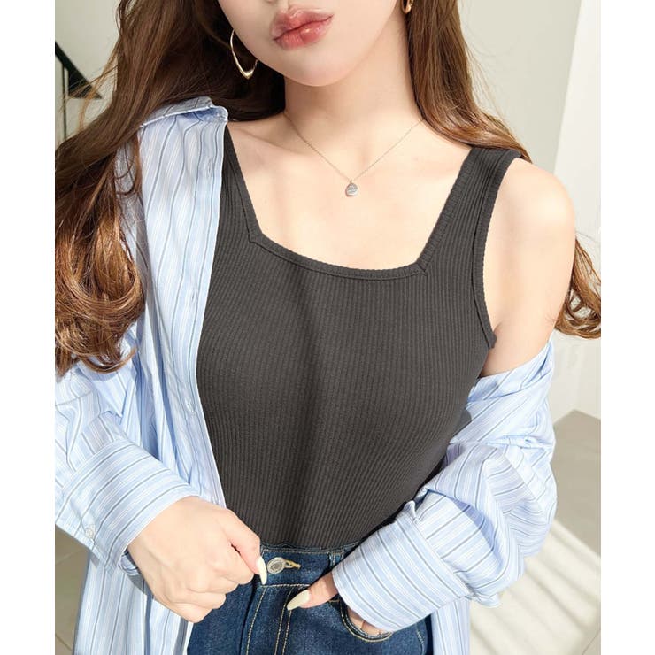 チャコールグレー | 前後2WAYスクエアネックタンクトップ T Cカットテレコリブ＆カラーネップテレ… | moment+