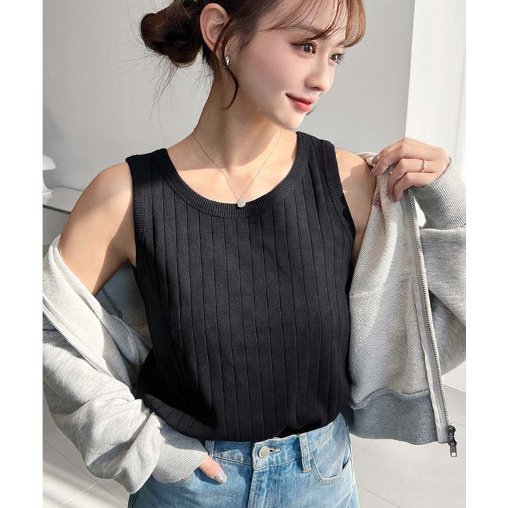 ブラック | 綿100％ワイドリブ.クルーネックタンクトップ | moment+