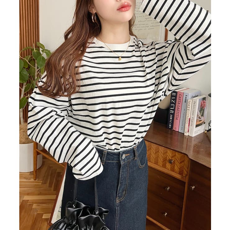 綿100％無地＆ボーダー.オーバーサイズロングスリーブTシャツ | moment+ | 詳細画像46 