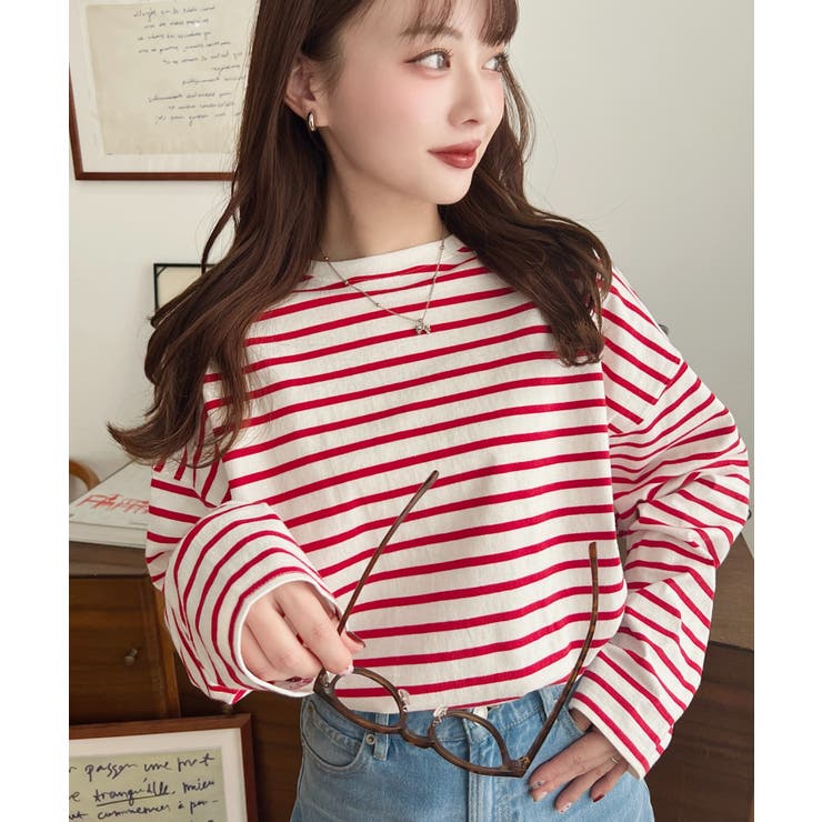 レッド | 綿100％無地＆ボーダー.オーバーサイズロングスリーブTシャツ | moment+