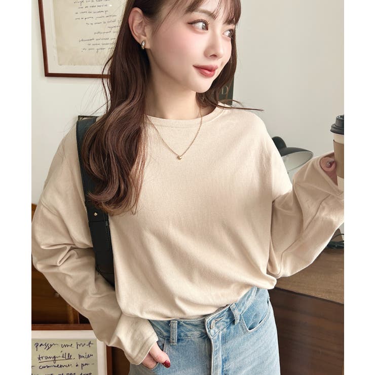 ベージュ | 綿100％無地＆ボーダー.オーバーサイズロングスリーブTシャツ | moment+