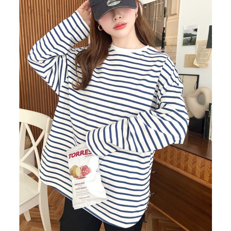 ブルー | 綿100％無地＆ボーダー.オーバーサイズロングスリーブTシャツ | moment+