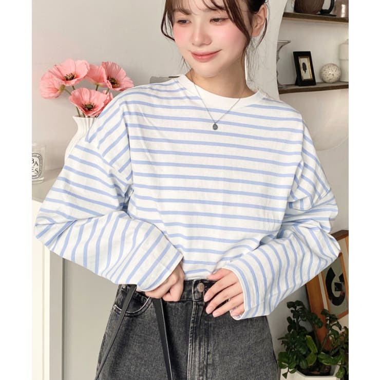 サックスブルー | 綿100％無地＆ボーダー.オーバーサイズロングスリーブTシャツ | moment+