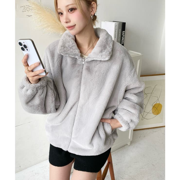 ビッグシルエットスタンドカラーフェイクファーブルゾン[品番