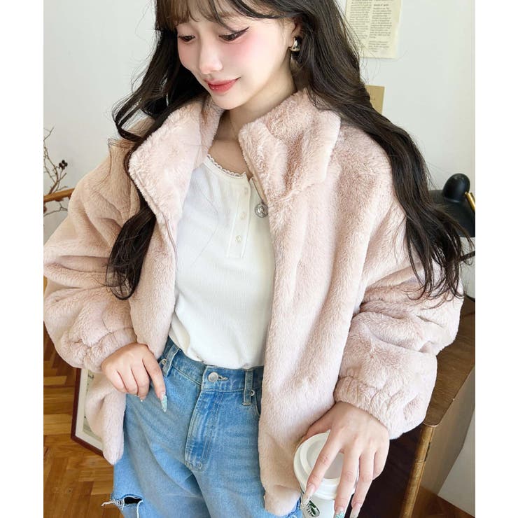 ビッグシルエットスタンドカラーフェイクファーブルゾン[品番