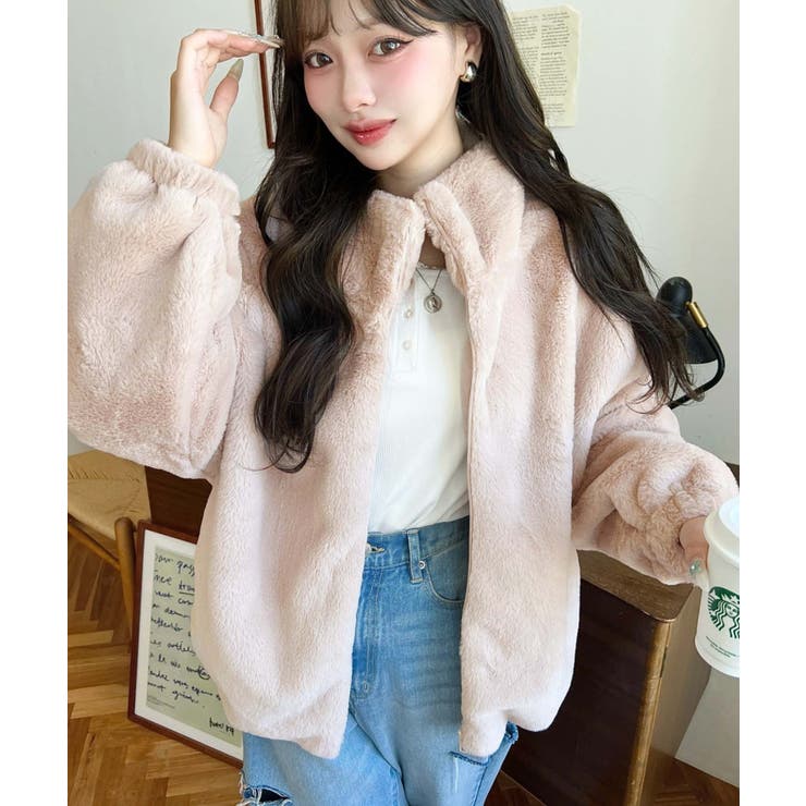 ビッグシルエットスタンドカラーフェイクファーブルゾン[品番