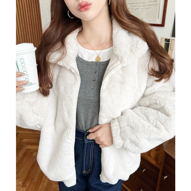 ビッグシルエットスタンドカラーフェイクファーブルゾン[品番