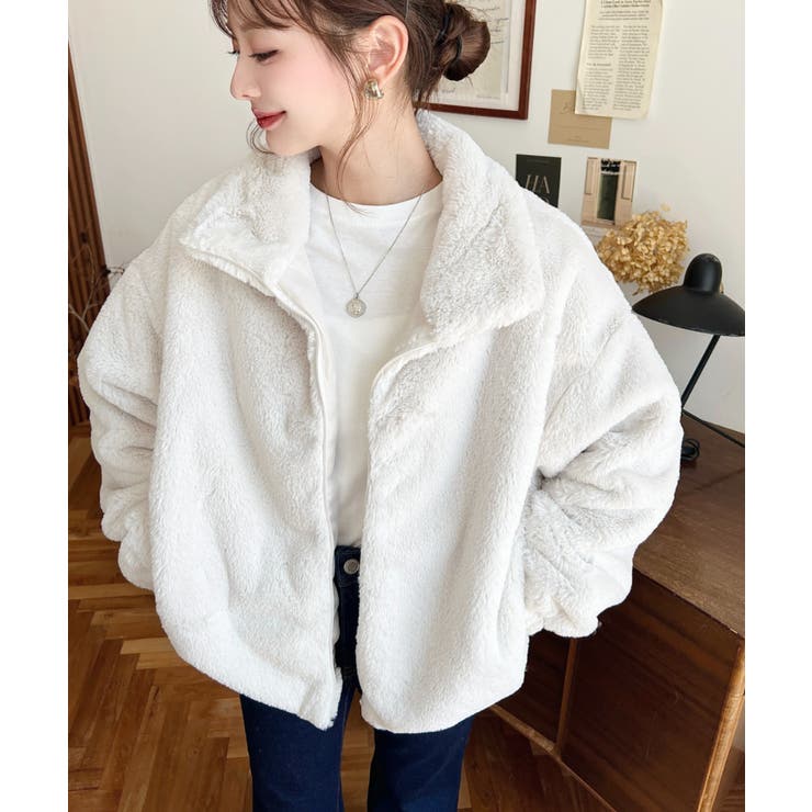 ビッグシルエットスタンドカラーフェイクファーブルゾン[品番