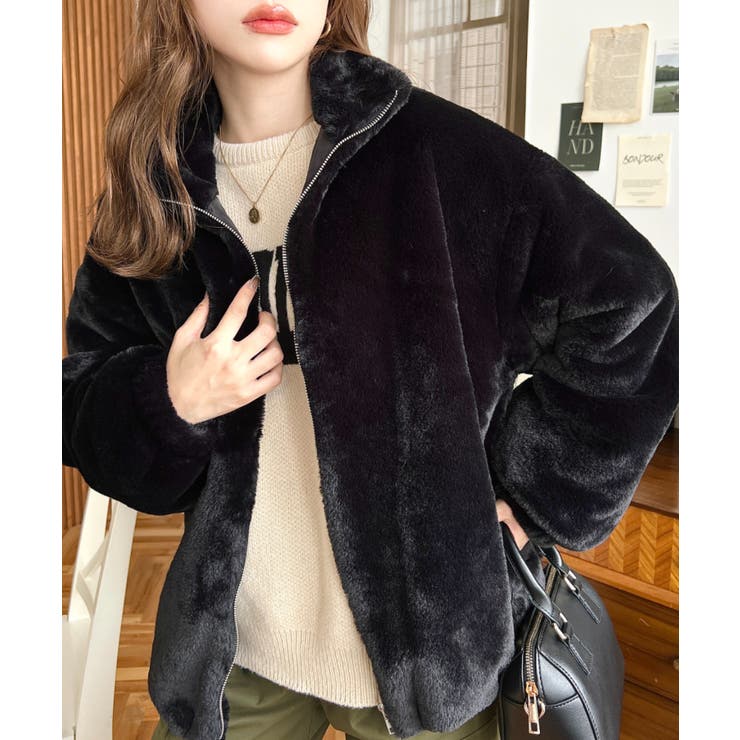 ビッグシルエットスタンドカラーフェイクファーブルゾン[品番