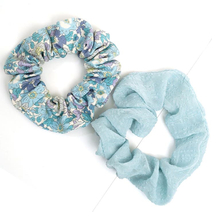 ブルー | シュシュ 2個セット 花柄 無地 小ぶり | monamona