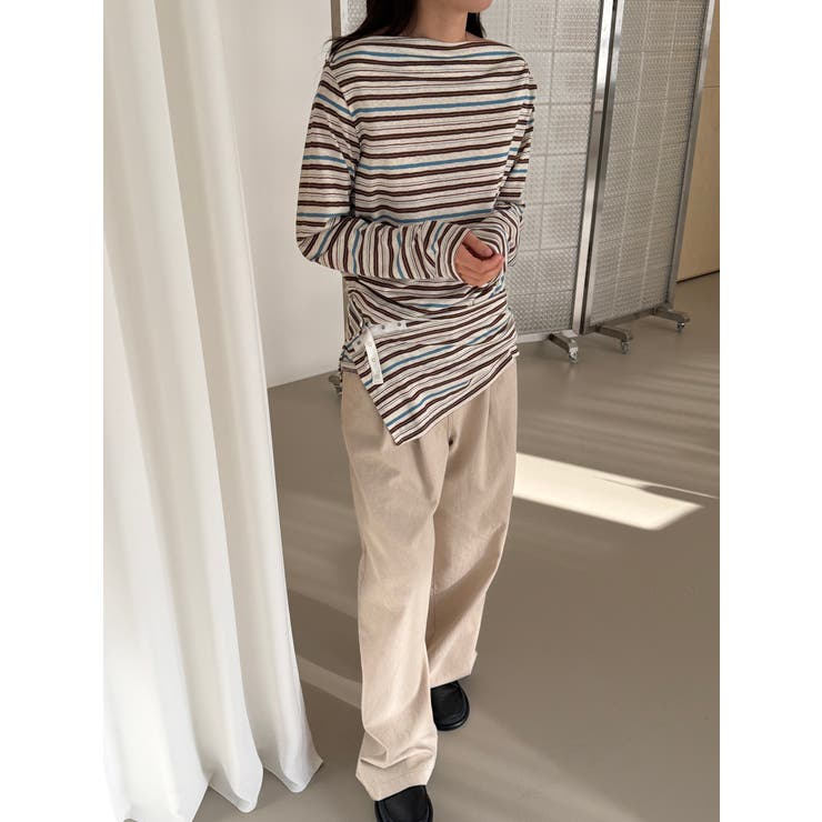 ボタンディテールロングボーダーTシャツ 韓国ファッション | mood in seoul | 詳細画像4 