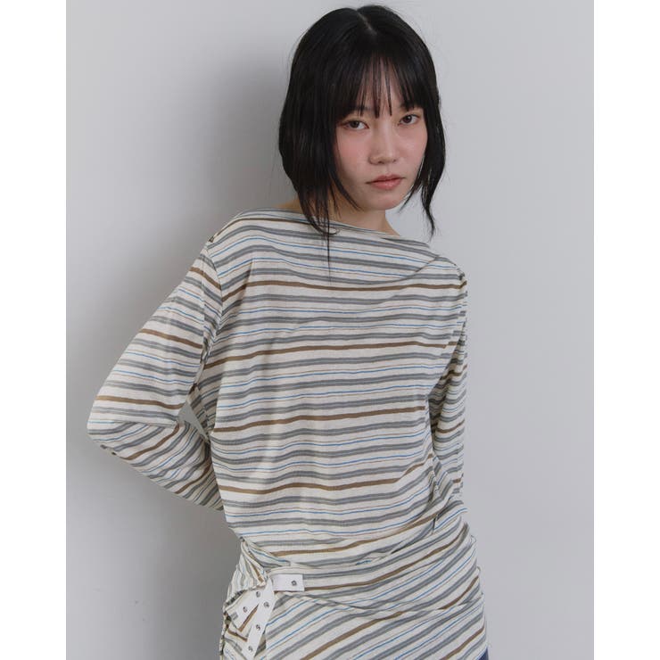 ボタンディテールロングボーダーTシャツ 韓国ファッション | mood in seoul | 詳細画像1 