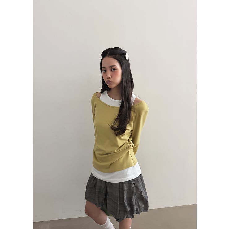 レイヤードギャザーボートネックTシャツ 韓国ファッション | mood in seoul | 詳細画像1 