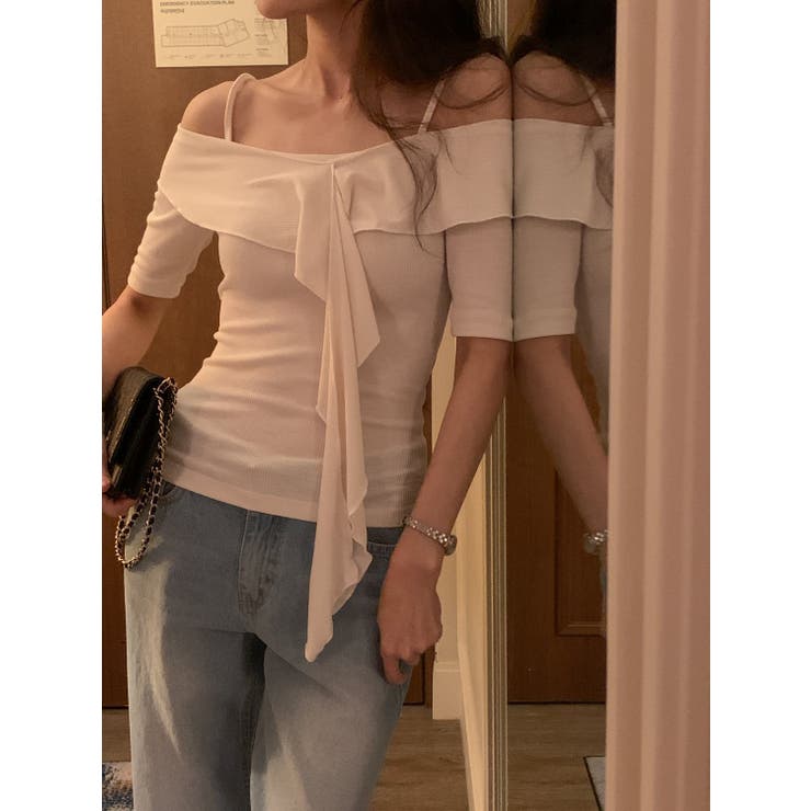 オフショルフリルTシャツ　韓国ファッション | mood in seoul | 詳細画像2 