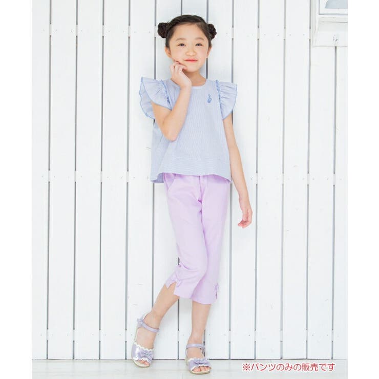 普段着通学着ストレッチツイル素材リボンつき７分丈パンツ