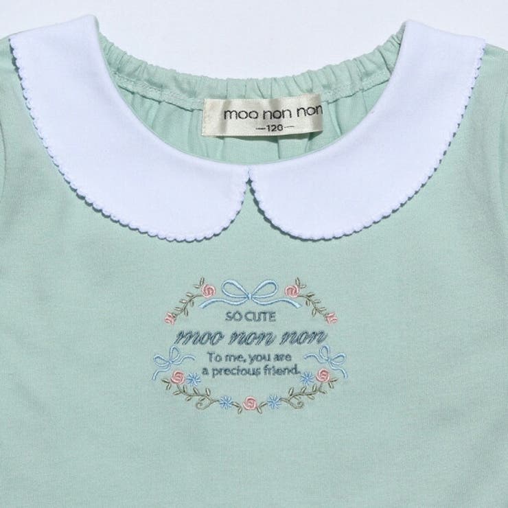 普段着通学着通園着お出かけ着綿100％ロゴ＆リボン刺繍襟付きギャザーAライン
