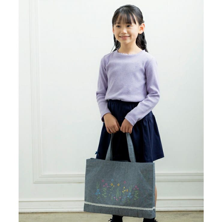 通学通園ダンガリーお花刺繍お稽古トートバッグ