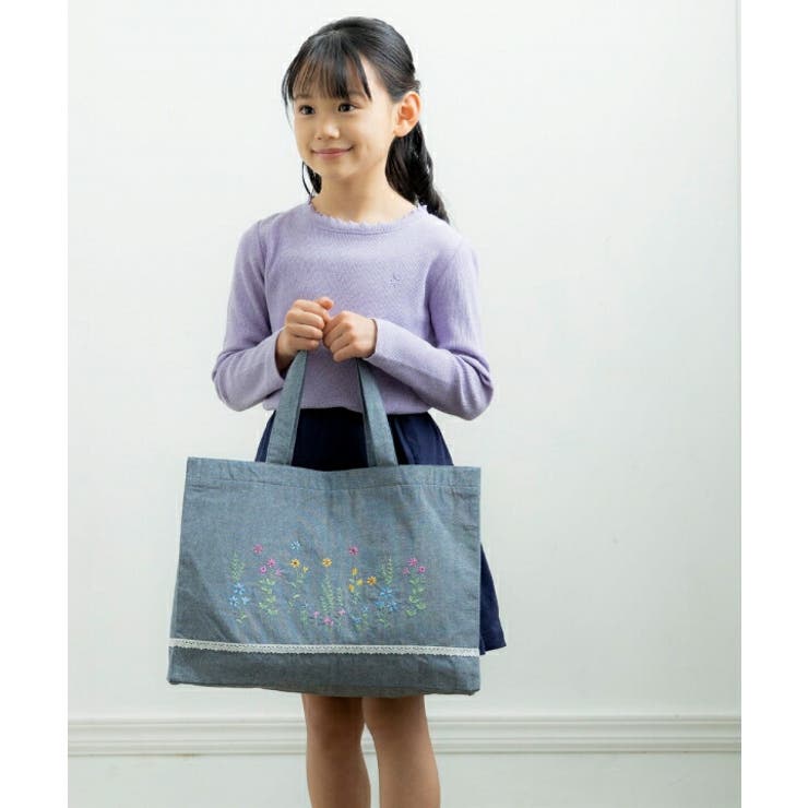 通学通園ダンガリーお花刺繍お稽古トートバッグ