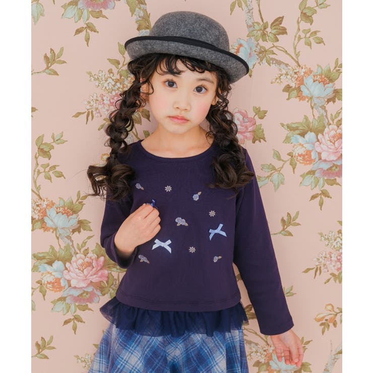 子供服 女の子 Tシャツ 秋冬 長袖 キッズ ジュニア ロンT ティーシャツ 子ども こども こども服 お花 刺繍 バラ リボン ネイビー アイボリー