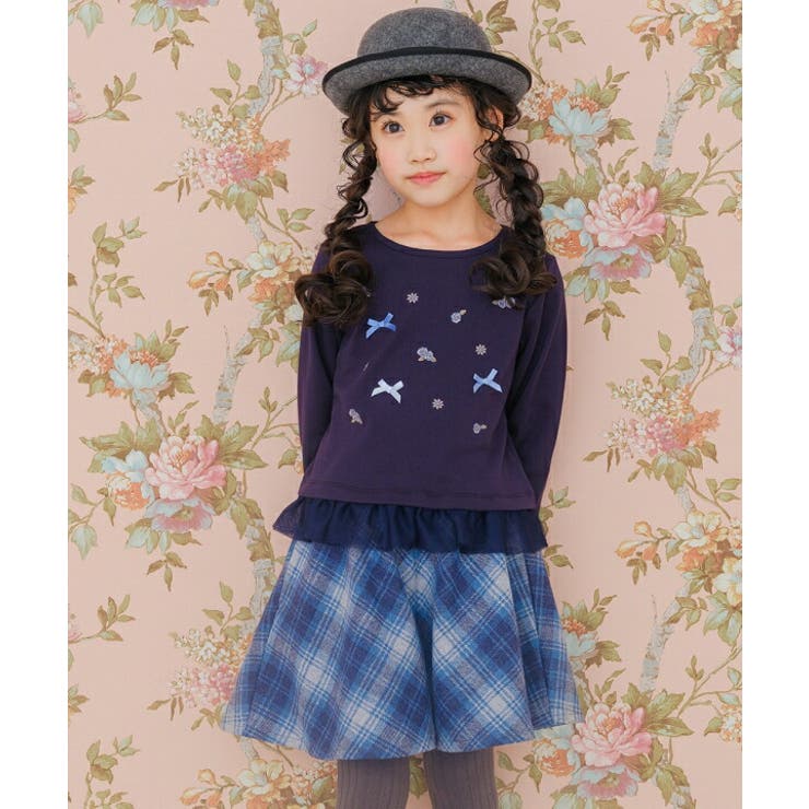 子供服 女の子 Tシャツ 秋冬 長袖 キッズ ジュニア ロンT ティーシャツ 子ども こども こども服 お花 刺繍 バラ リボン ネイビー アイボリー