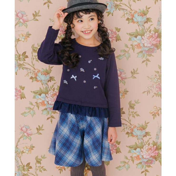 子供服 女の子 Tシャツ 秋冬 長袖 キッズ ジュニア ロンT ティーシャツ 子ども こども こども服 お花 刺繍 バラ リボン ネイビー アイボリー