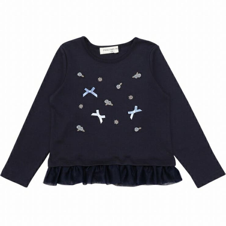 子供服 女の子 Tシャツ 秋冬 長袖 キッズ ジュニア ロンT ティーシャツ 子ども こども こども服 お花 刺繍 バラ リボン ネイビー アイボリー