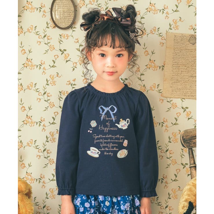 子供服 女の子 Tシャツ 秋冬 長袖 子供 こども 子ども キッズ ジュニア トップス カットソー ティーカップ スイーツ ロゴ 刺繍 フリル リボン
