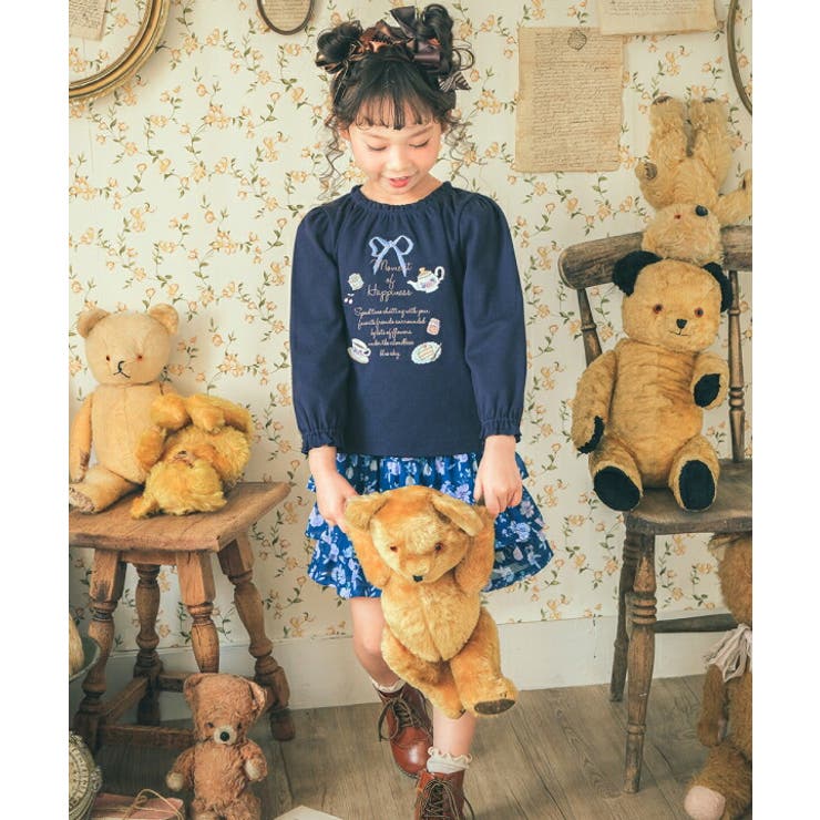 子供服 女の子 Tシャツ 秋冬 長袖 子供 こども 子ども キッズ ジュニア トップス カットソー ティーカップ スイーツ ロゴ 刺繍 フリル リボン
