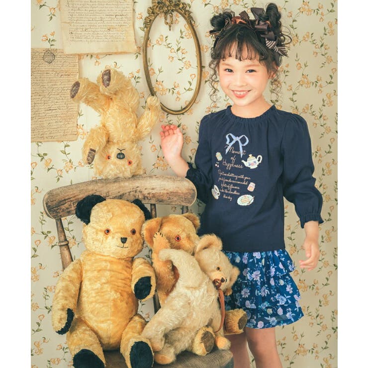 子供服 女の子 Tシャツ 秋冬 長袖 子供 こども 子ども キッズ ジュニア トップス カットソー ティーカップ スイーツ ロゴ 刺繍 フリル リボン
