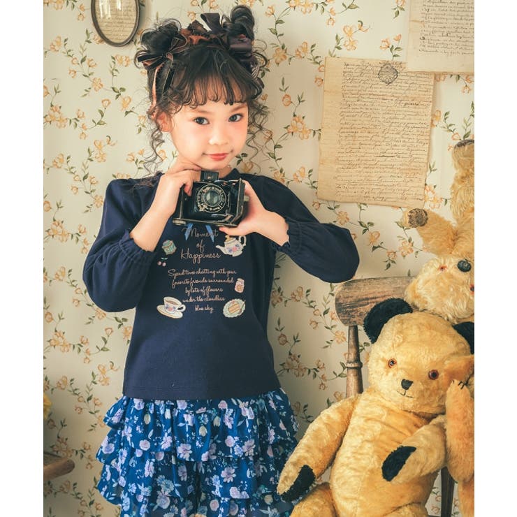 子供服 女の子 Tシャツ 秋冬 長袖 子供 こども 子ども キッズ ジュニア トップス カットソー ティーカップ スイーツ ロゴ 刺繍 フリル リボン