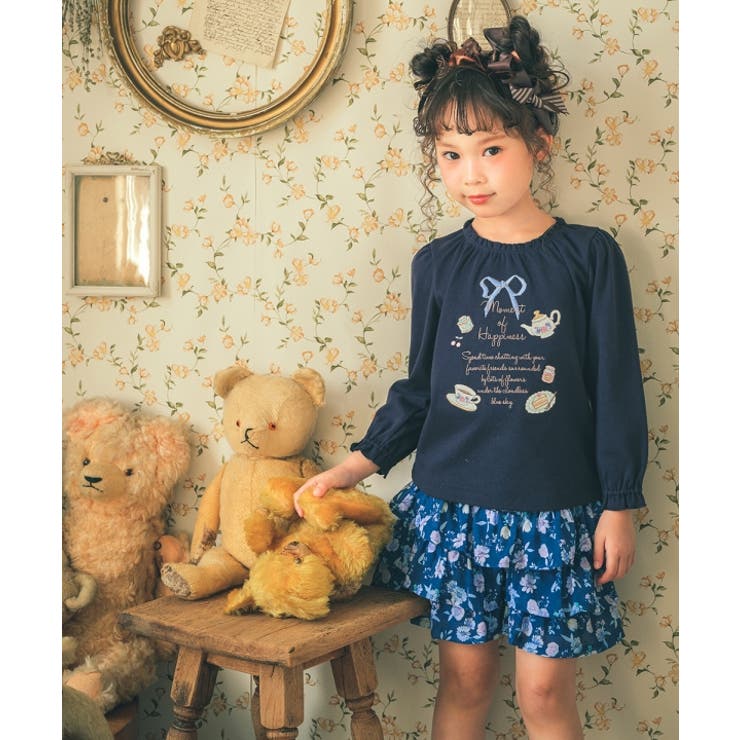 子供服 女の子 Tシャツ 秋冬 長袖 子供 こども 子ども キッズ ジュニア トップス カットソー ティーカップ スイーツ ロゴ 刺繍 フリル リボン