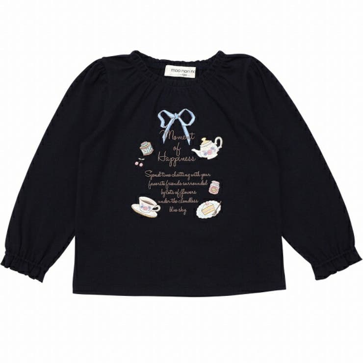 子供服 女の子 Tシャツ 秋冬 長袖 子供 こども 子ども キッズ ジュニア トップス カットソー ティーカップ スイーツ ロゴ 刺繍 フリル リボン