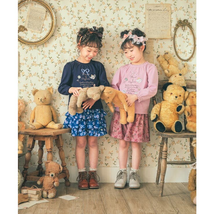子供服 女の子 Tシャツ 秋冬 長袖 子供 こども 子ども キッズ ジュニア トップス カットソー ティーカップ スイーツ ロゴ 刺繍 フリル リボン