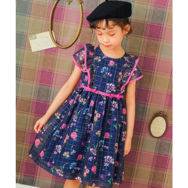 子供服 女の子 ワンピース ジャンパースカート 秋冬 半袖 日本製 こども服 子ども服 キッズ ジュニア フォーマル ドレス ピアノ発表会 音楽会 結婚式 花柄 裏地あり ネイビー
