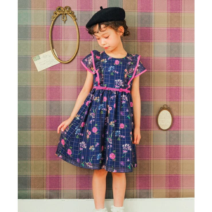 子供服 女の子 ワンピース ジャンパースカート 秋冬 半袖 日本製 こども服 子ども服 キッズ ジュニア フォーマル ドレス ピアノ発表会 音楽会 結婚式 花柄 裏地あり ネイビー