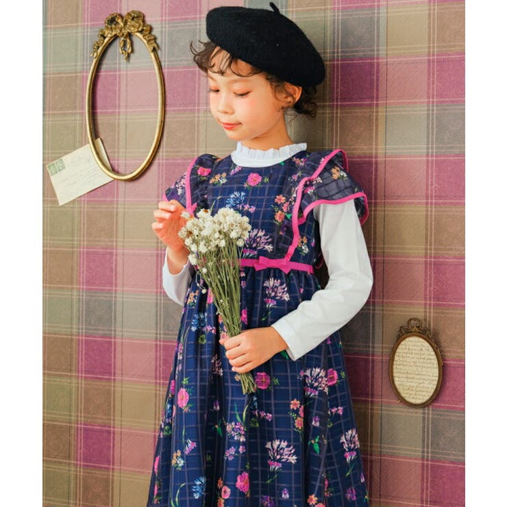 子供服 女の子 ワンピース ジャンパースカート 秋冬 半袖 日本製 こども服 子ども服 キッズ ジュニア フォーマル ドレス ピアノ発表会 音楽会 結婚式 花柄 裏地あり ネイビー