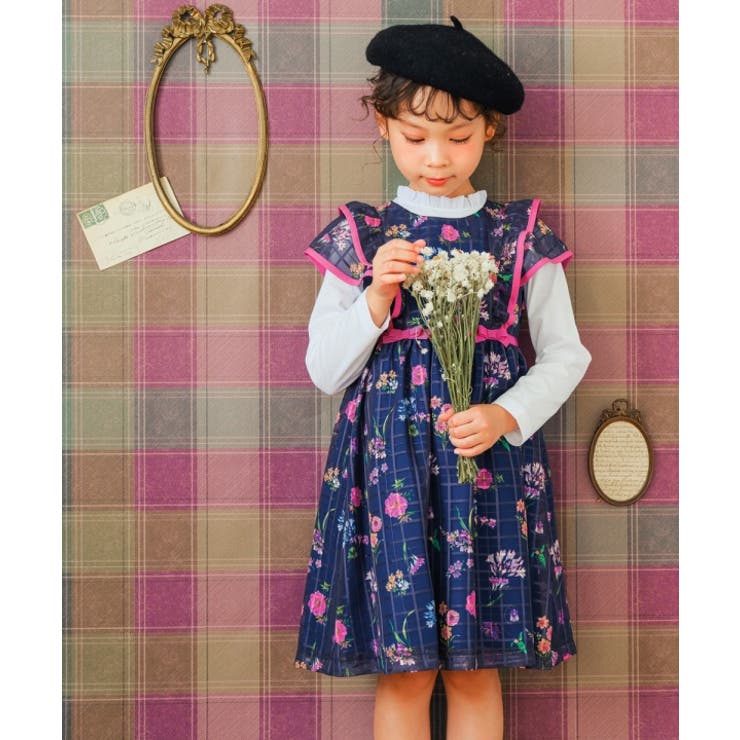 子供服 女の子 ワンピース ジャンパースカート 秋冬 半袖 日本製 こども服 子ども服 キッズ ジュニア フォーマル ドレス ピアノ発表会 音楽会 結婚式 花柄 裏地あり ネイビー