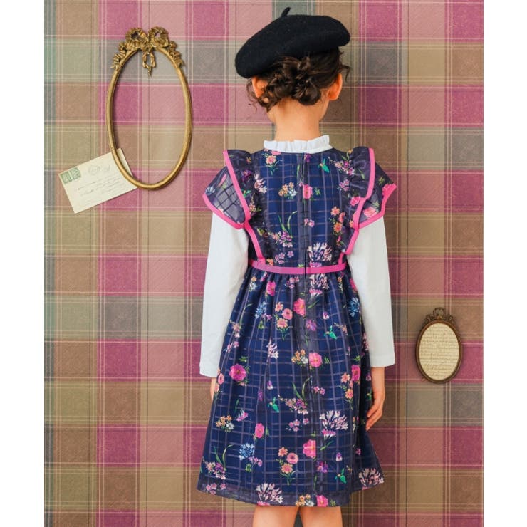 子供服 女の子 ワンピース ジャンパースカート 秋冬 半袖 日本製 こども服 子ども服 キッズ ジュニア フォーマル ドレス ピアノ発表会 音楽会 結婚式 花柄 裏地あり ネイビー
