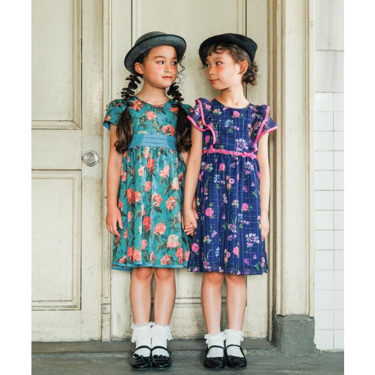 子供服 女の子 ワンピース ジャンパースカート 秋冬 半袖 日本製 こども服 子ども服 キッズ ジュニア フォーマル ドレス ピアノ発表会 音楽会 結婚式 花柄 裏地あり ネイビー