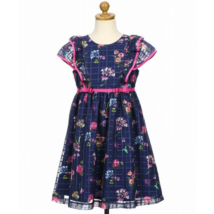 子供服 女の子 ワンピース ジャンパースカート 秋冬 半袖 日本製 こども服 子ども服 キッズ ジュニア フォーマル ドレス ピアノ発表会 音楽会 結婚式 花柄 裏地あり ネイビー