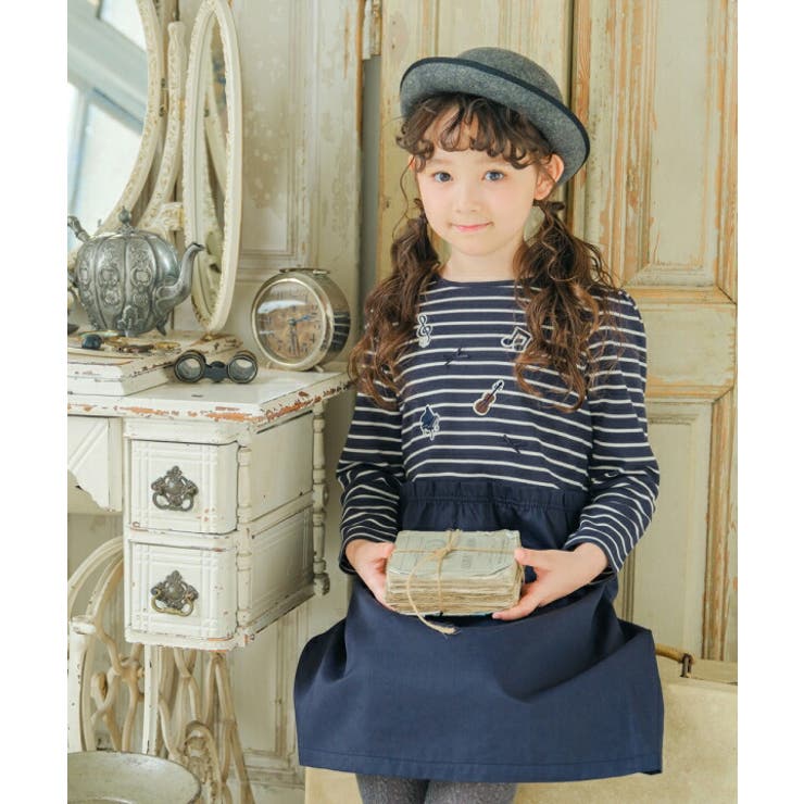 子供服 女の子 ドッキング ワンピース ジャンパースカート 秋冬 長袖 子ども服 こども服 こども ボーダー柄 音符 楽器 刺繍 ネイビー ホワイト×ブラック